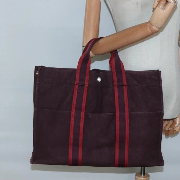 HERMES Fourre Tout MM Hand Bag Canvas Red Silver Auth - Picture 1 of 15
